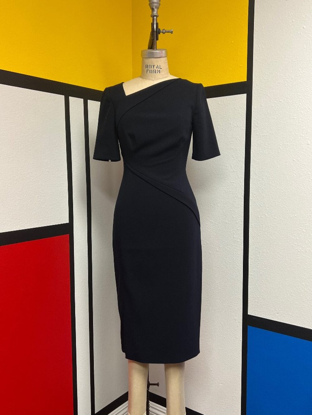 EUC L.K. Bennett Navy Asymmetrical Neckline Short Sleeve Knee-Length Dress 2